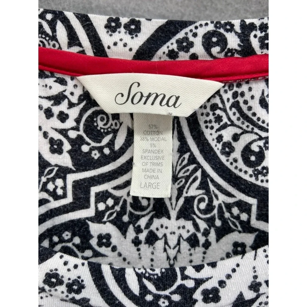 Soma Gown Sz L Black White Pattern‎ 3/4 Sleeve Dress with Red Trim Nightgown - Picture 4 of 9